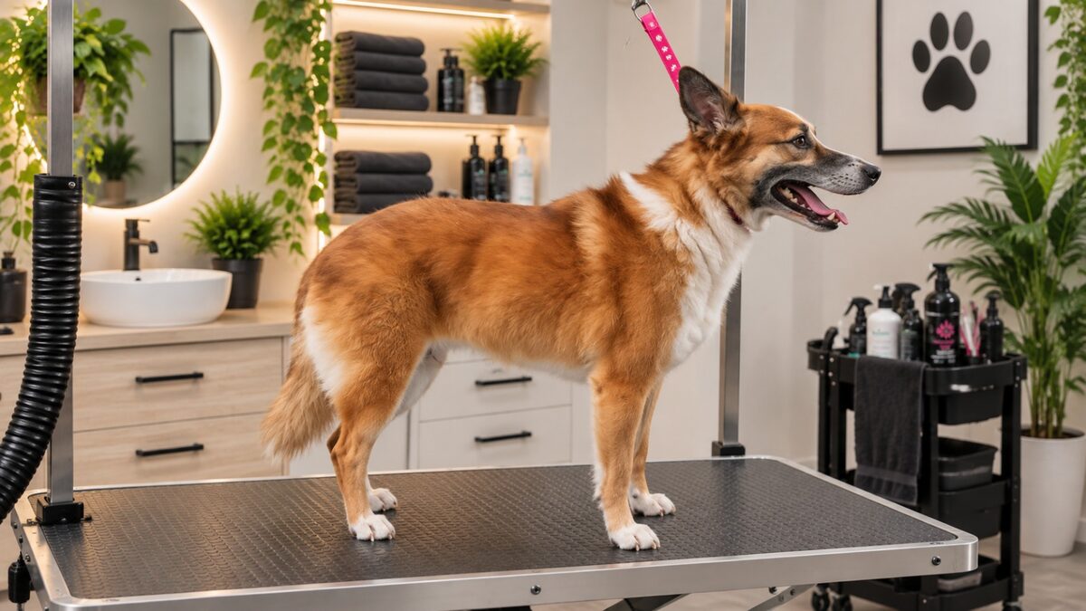Hond op de trimtafel in de salon