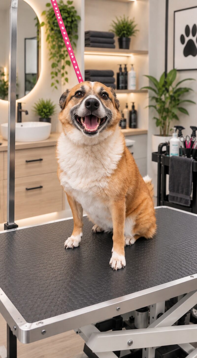 Vrolijke hond na de trimbeurt